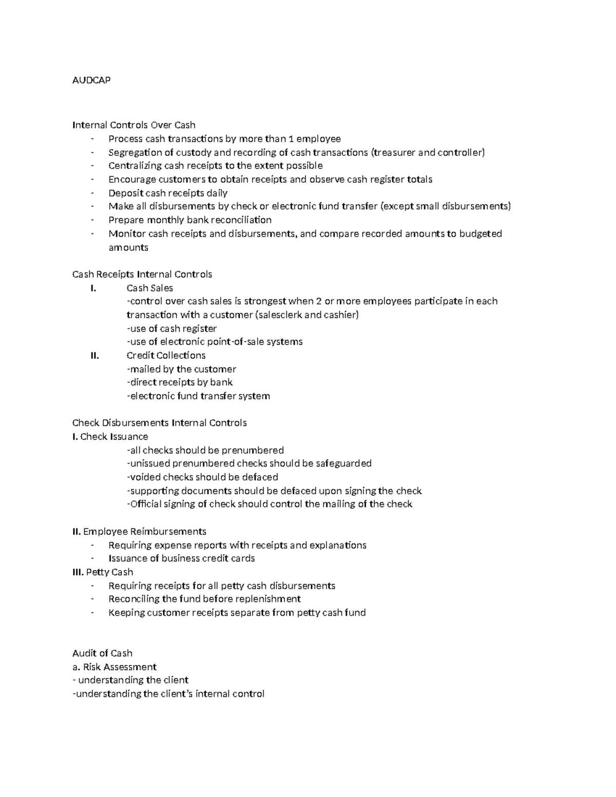 AUDCAP Internal Controls Over Cash Transactions - Notes - Studocu