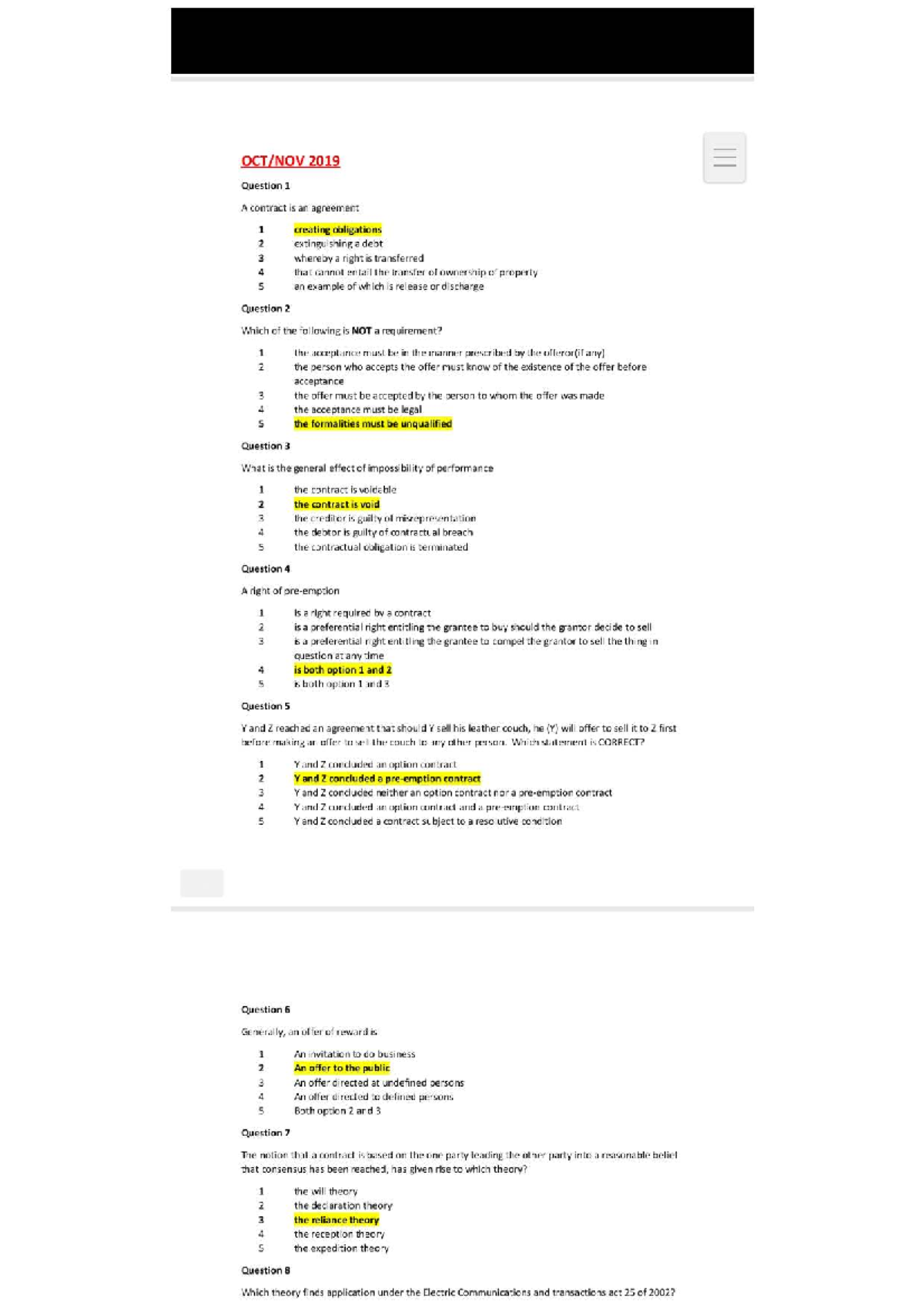 P10 - Bachelor of Law Final Exam Notes on Contract Law - Studocu
