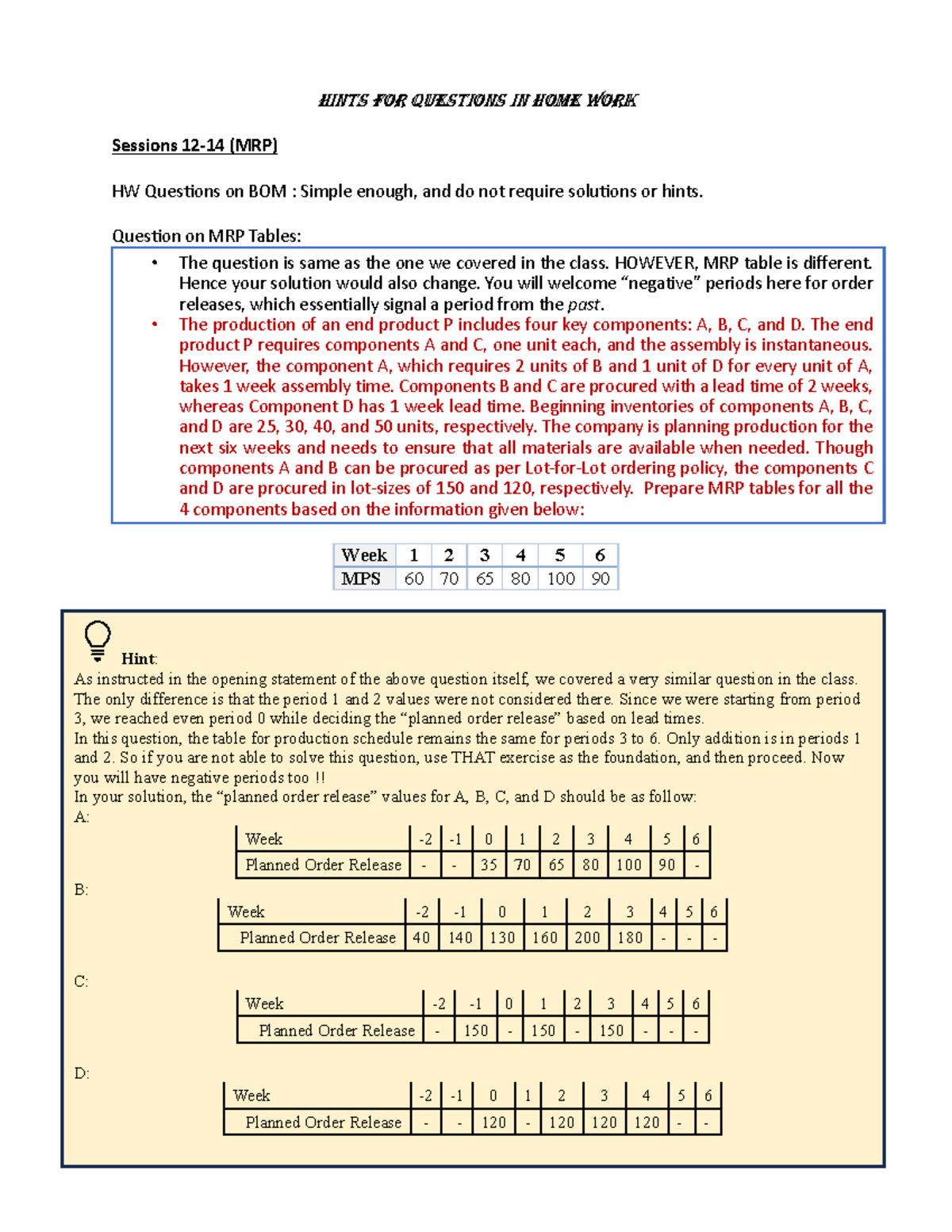 Hints for MRP HW Questions (OM 12-19) - Studocu