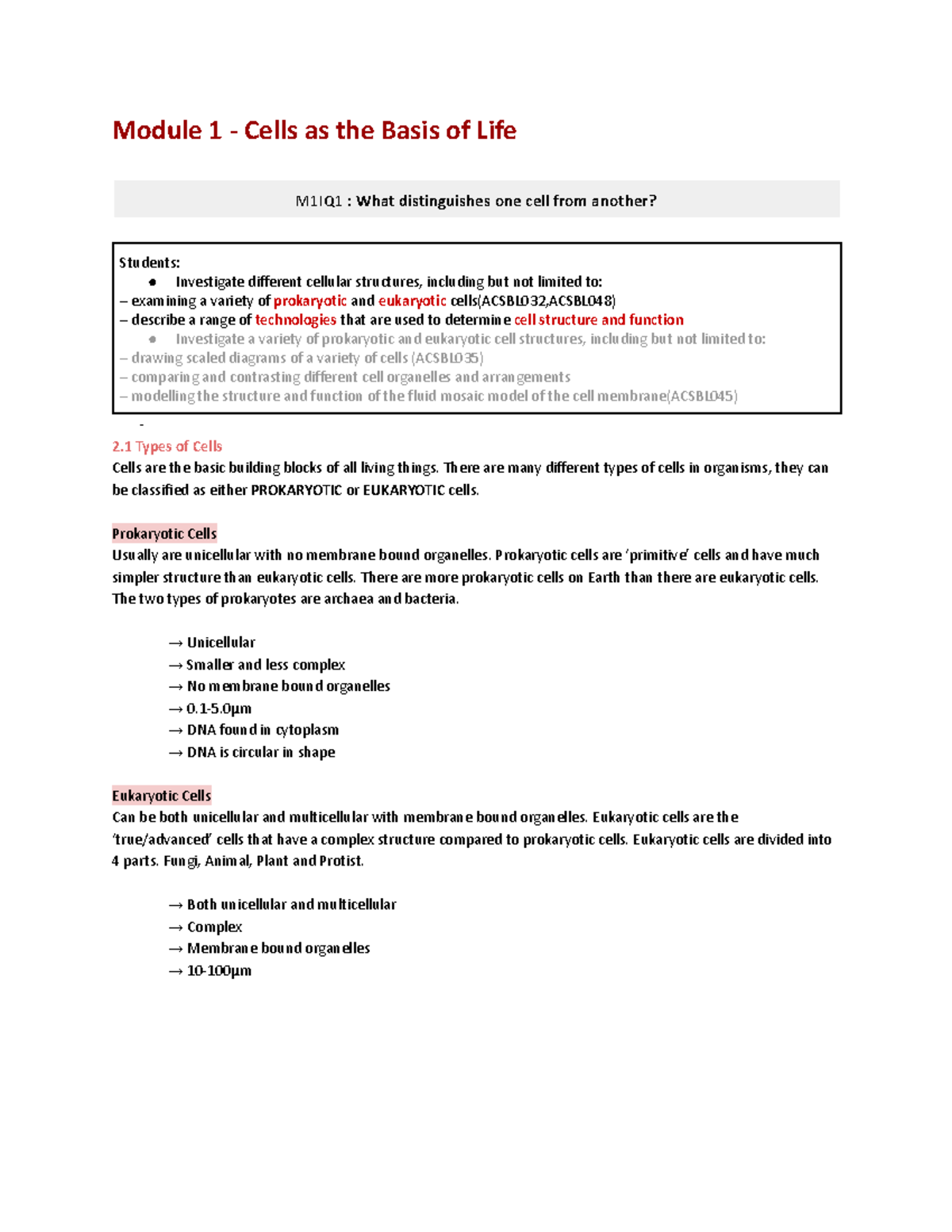 BIO Notes - Module 1: Cells as the Basis of Life and Their Functions ...