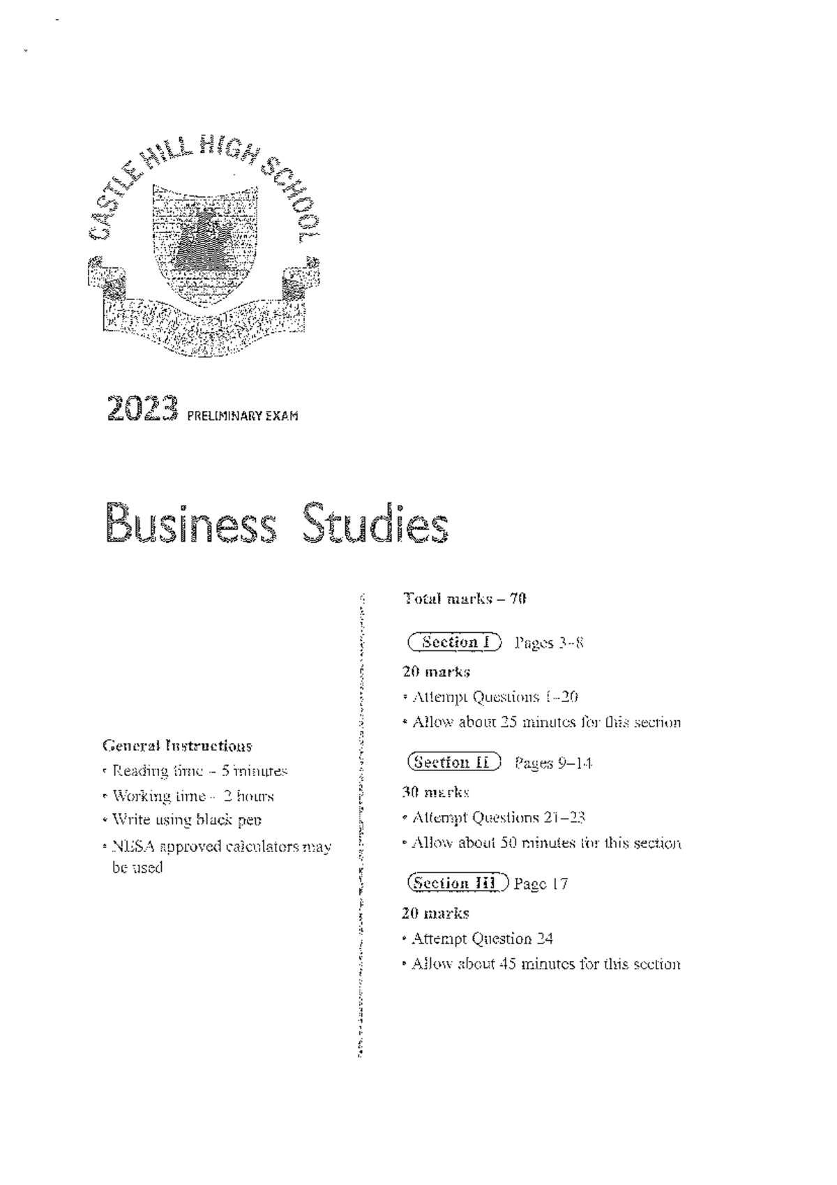 CASTLE HILL HIGH SCHOOL BUSINESS STUDIES 2023 PRELIMINARY EXAM - Studocu