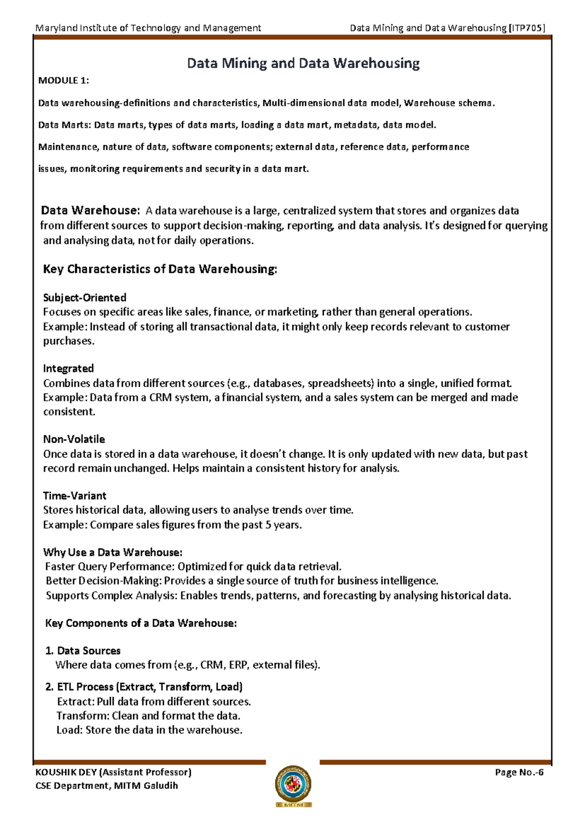 Data Mining and Data Warehousing Module 1 - KOUSHIK DEY (Assistant ...