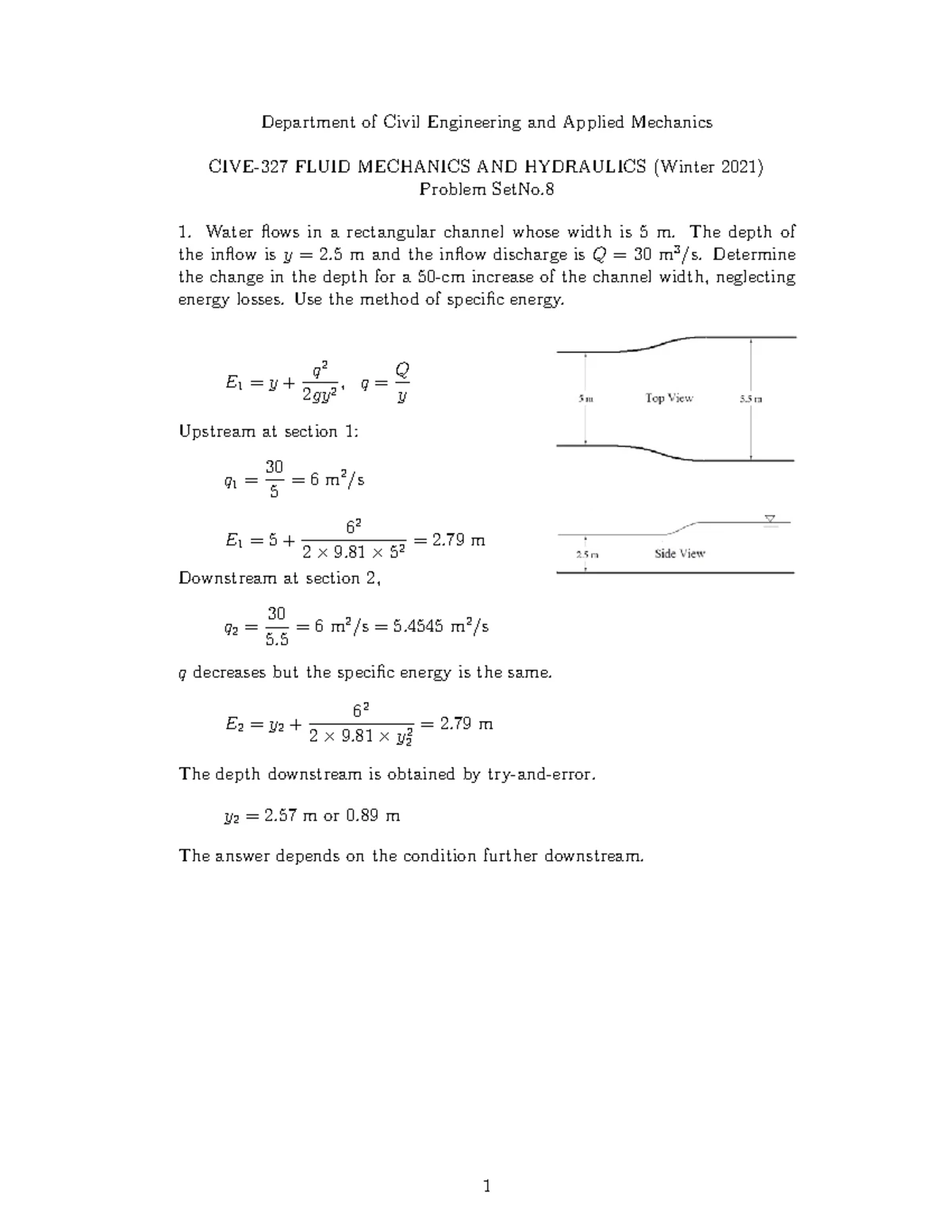 CIVE-327 Fluid Mechanics & Hydraulics Problem Set Solutions (Winter ...