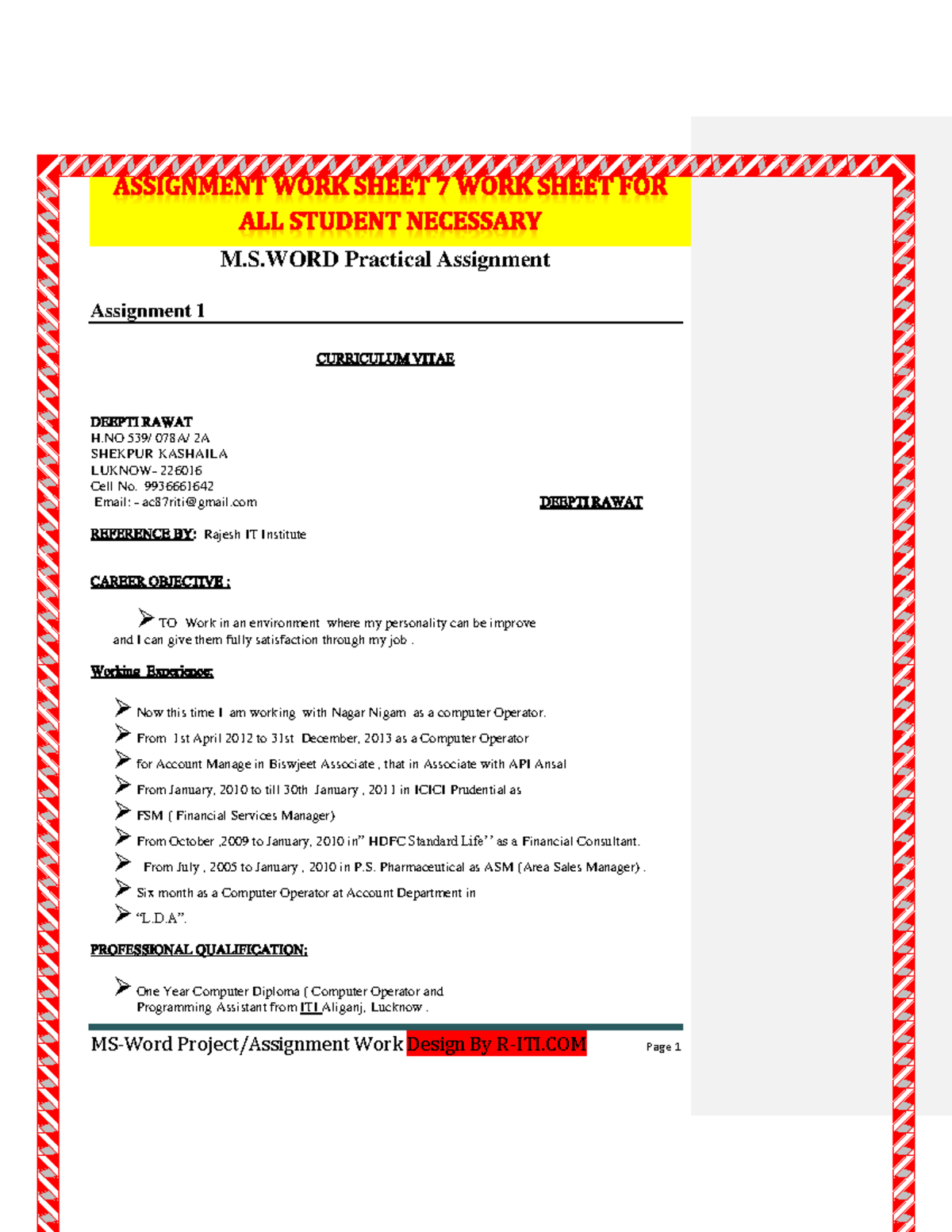 M.S.Word Practical Assinment - M Practical Assignment Assignment 1 H ...