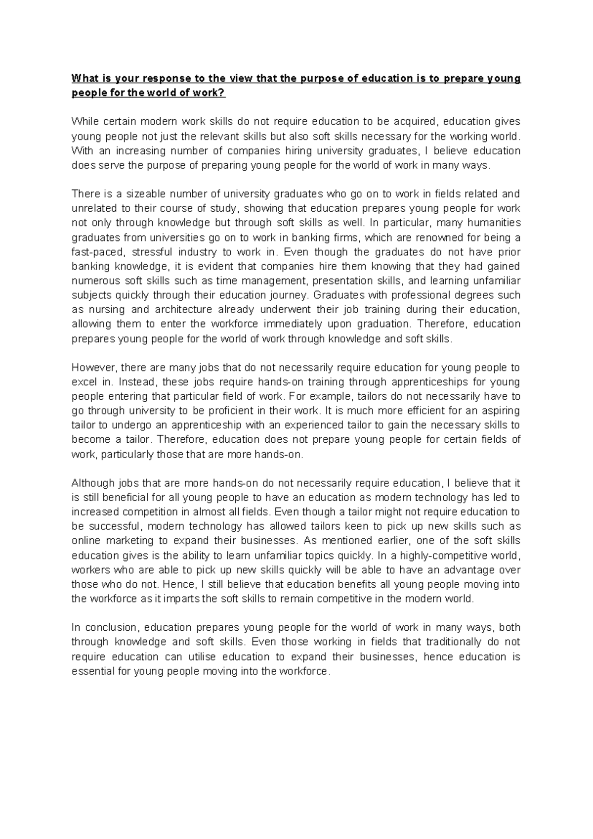 Essay III - The Role of Education in Workforce Preparation - Studocu