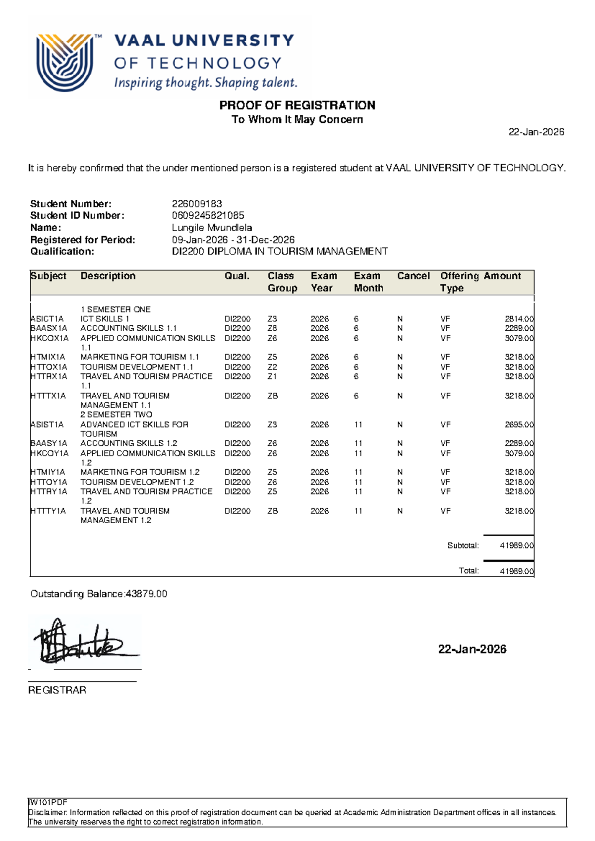 Proof of Registration for DI2200 - Diploma in Tourism Management - Studocu
