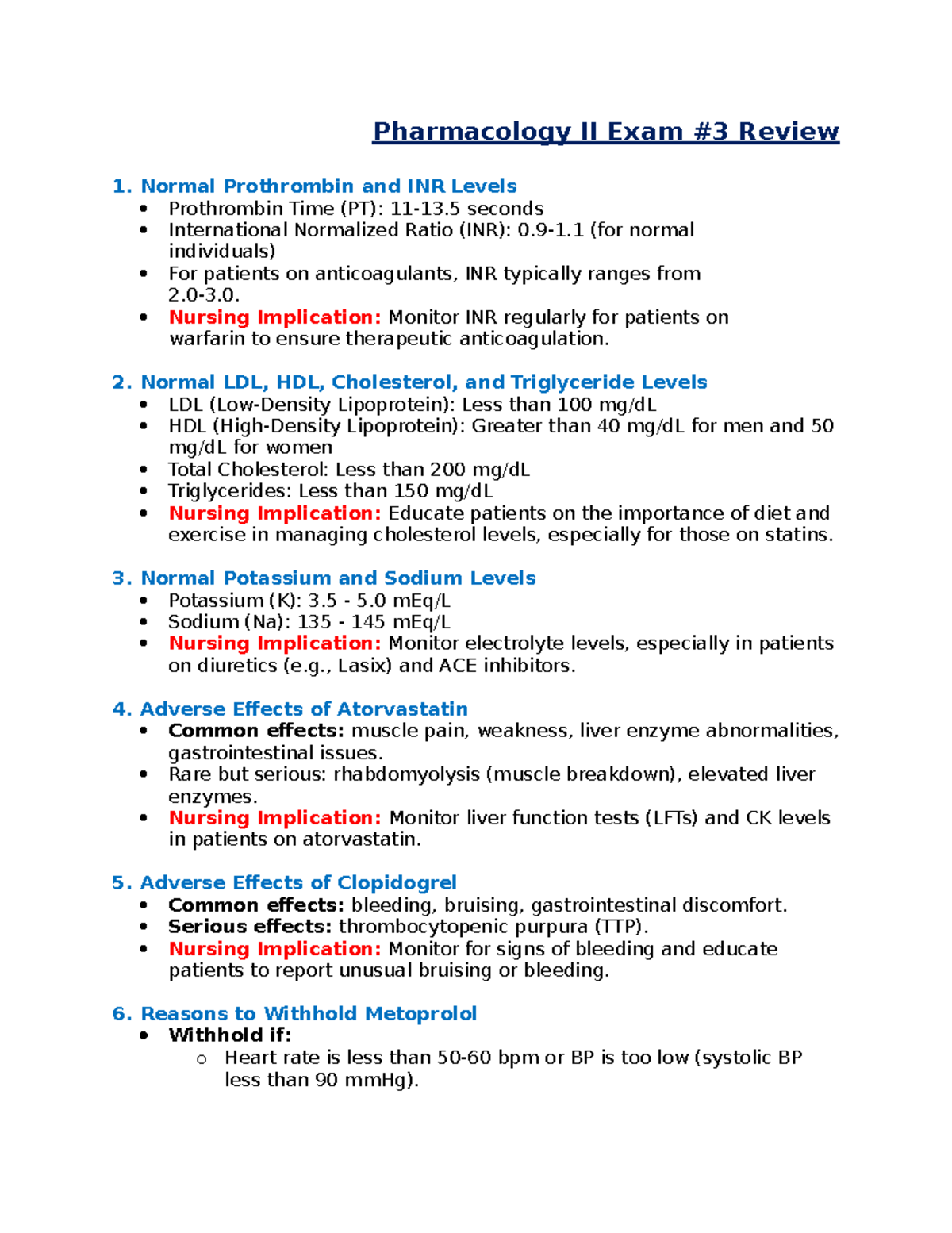 Pharmacology II Exam #3 Review: Key Concepts and Nursing Implications ...