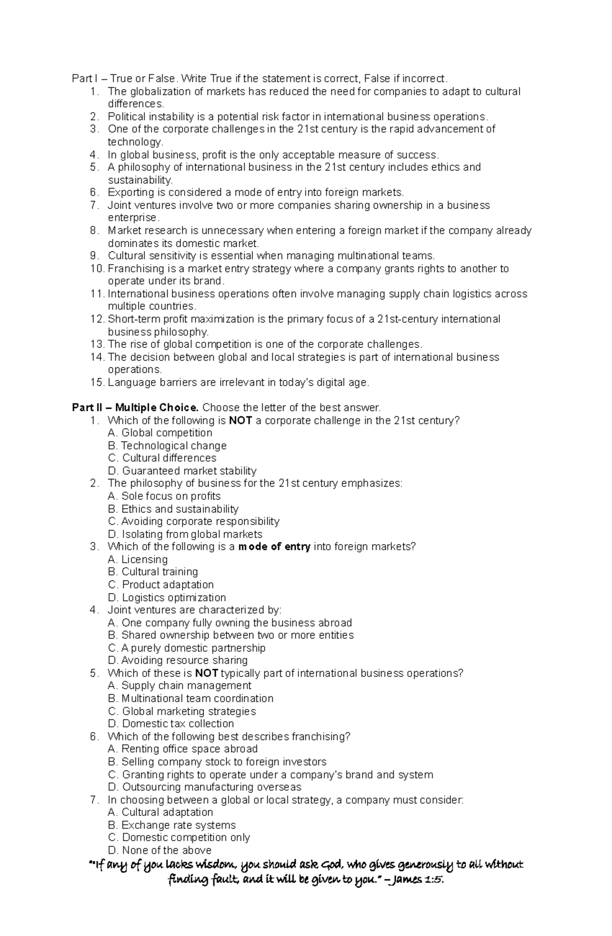International Business and Trade (IBT 101) Chapter 1-3 Quizzer - Studocu