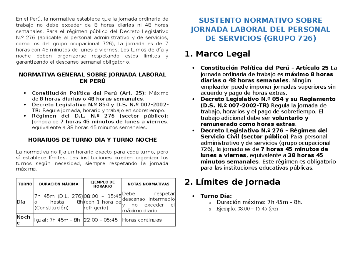 Normativa sobre Jornada Laboral en Perú para Grupo 726 (D.L. 276) - Document Preview