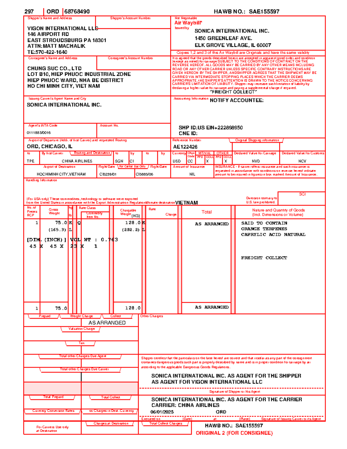 HAWB 297 ORD 68768490 - Shipping Details for Vigon International LLC ...