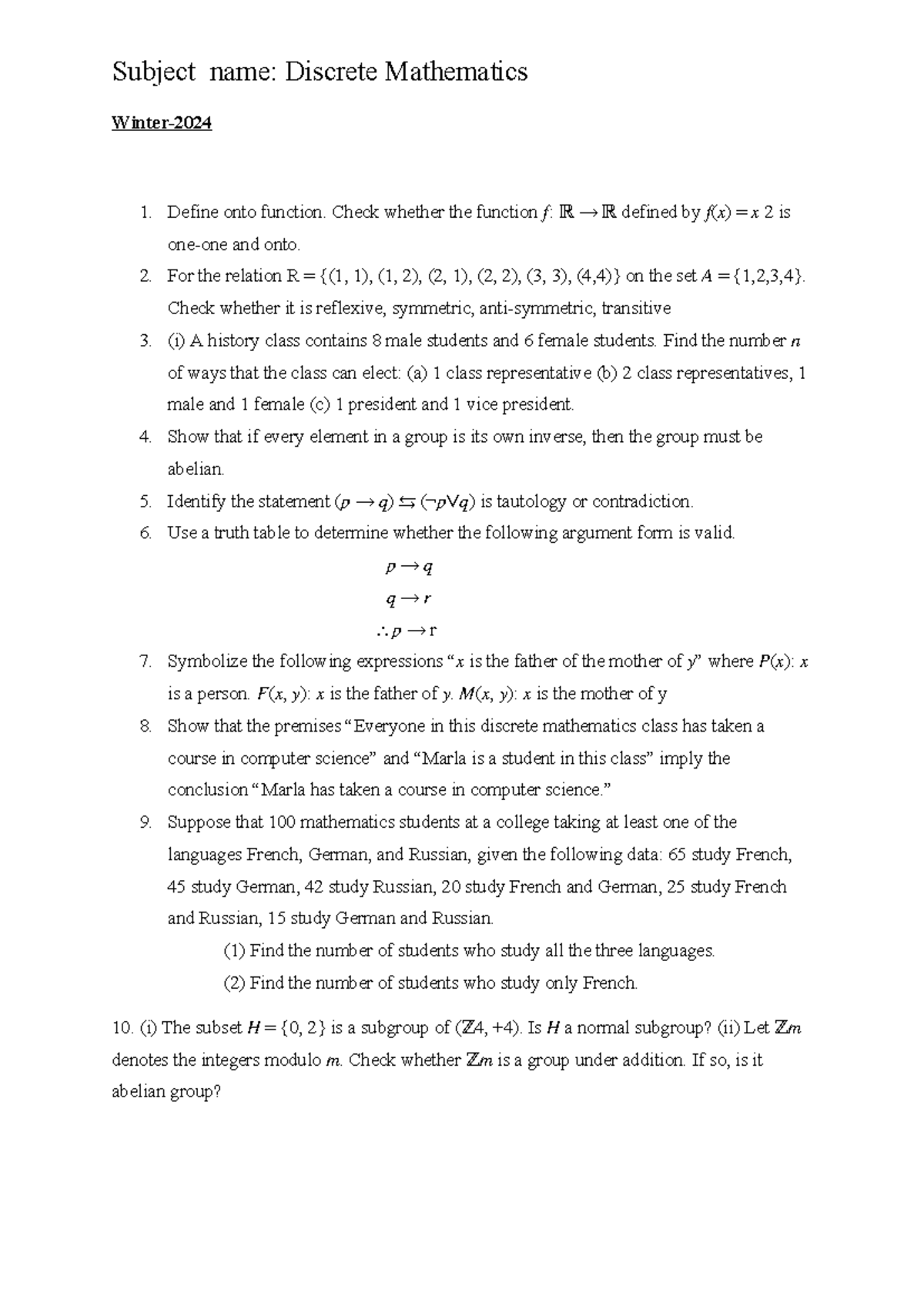 Dm 1: Discrete Mathematics Exam Questions and Solutions - Studocu