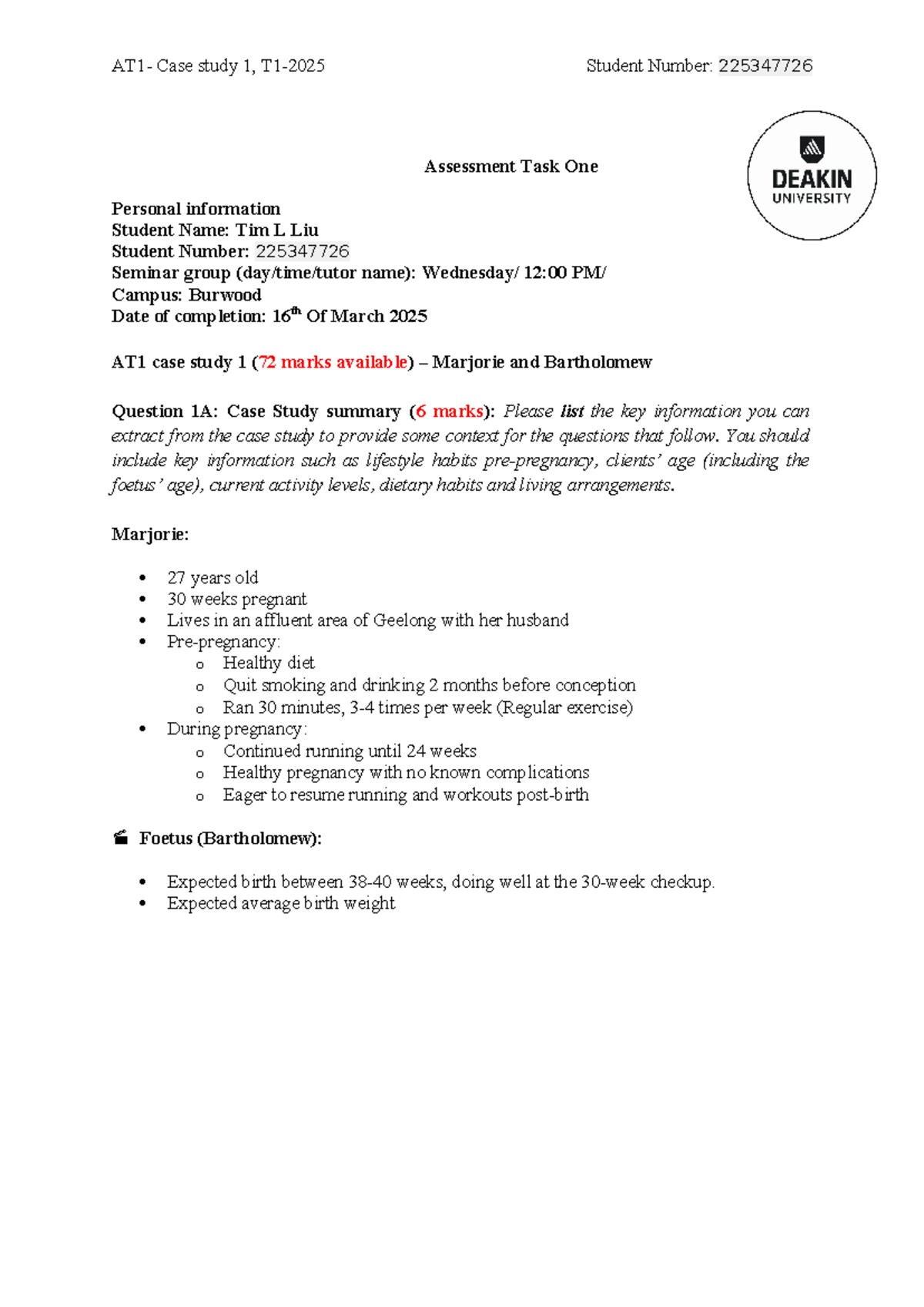 HSE113 AT1 Case Study 1: Maternal and Fetal Development Insights - Studocu