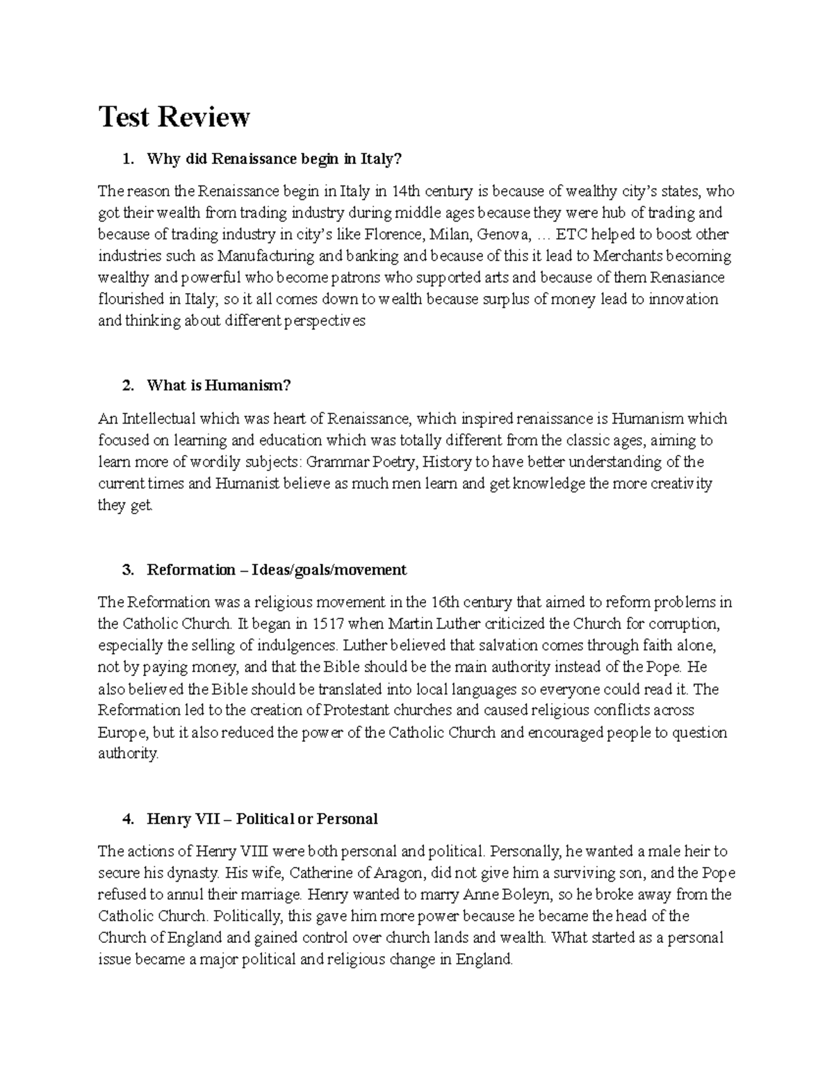 Test Review - Renaissance, Humanism, Reformation & Henry VII - Studocu