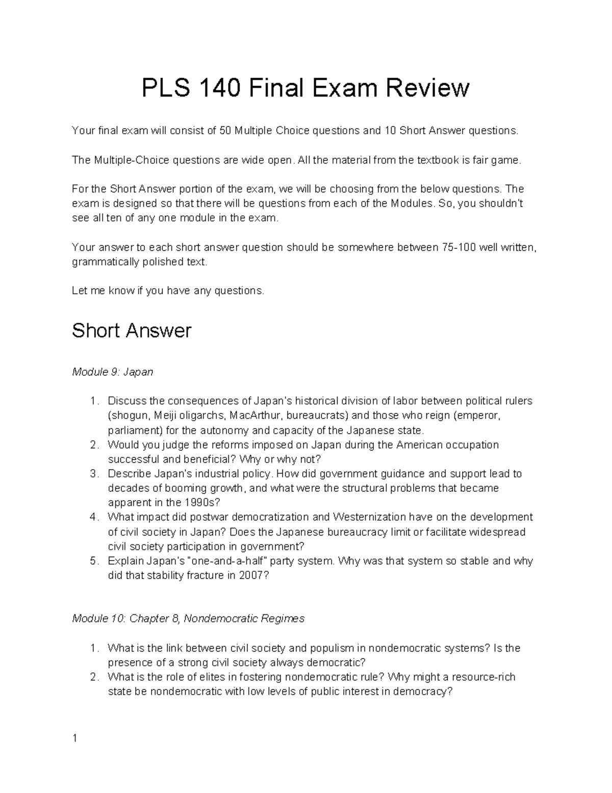 PLS 140 Final Exam Review: Short Answer Questions Analysis - Studocu