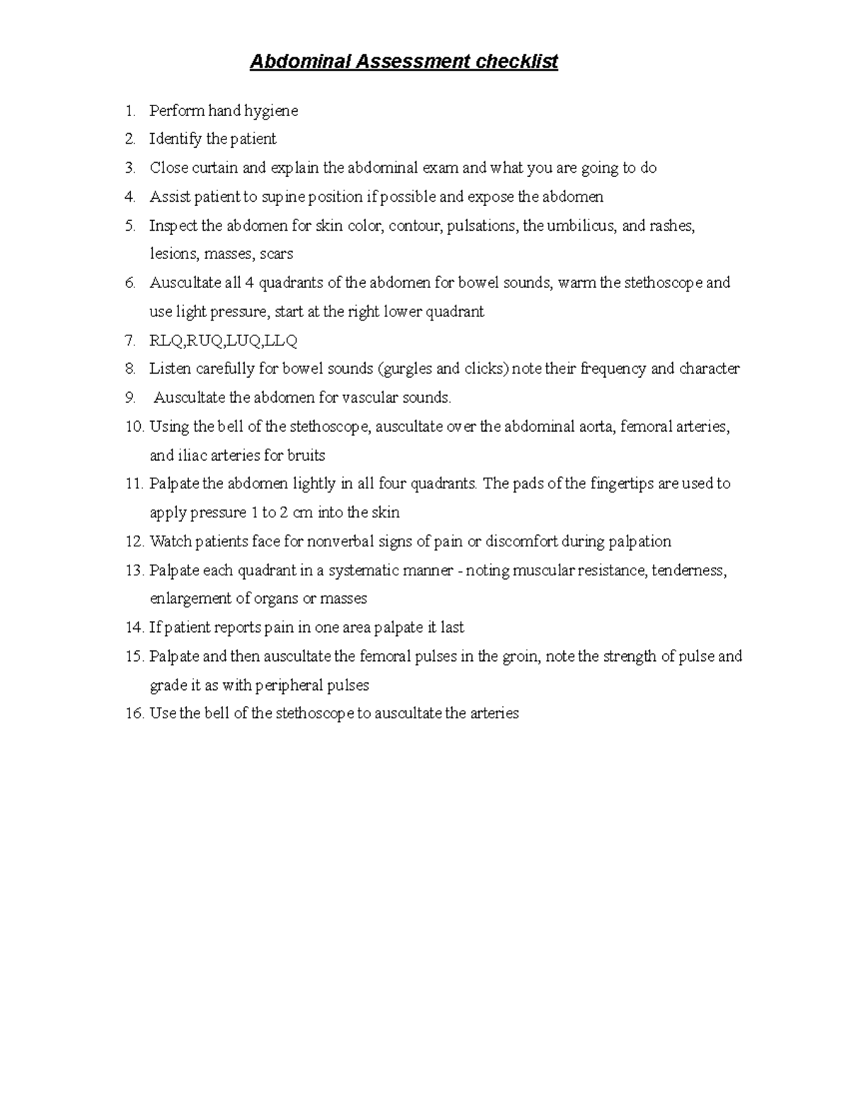Abdominal Assessment Checklist for Clinical Evaluation - Studocu