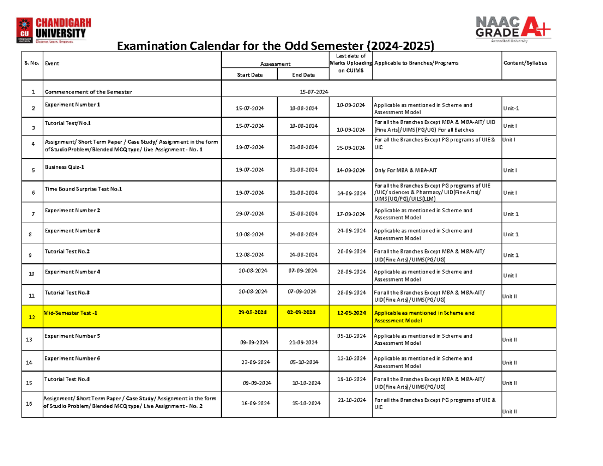 EXAM Calendar-1: Odd Semester Schedule 2024-2025 - Studocu