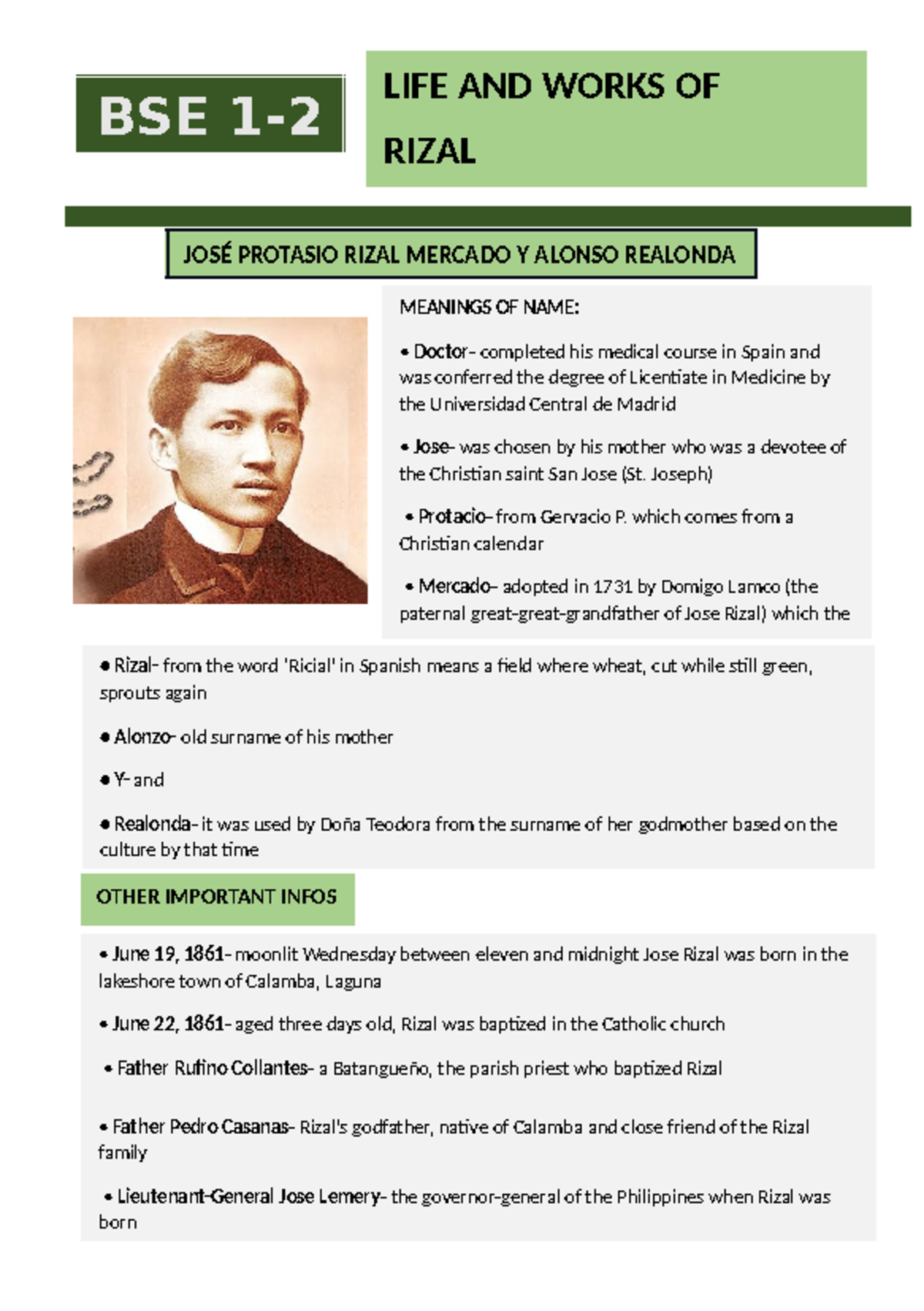 BSE 1 - Life and Works of José Rizal: Comprehensive Study Notes - Studocu