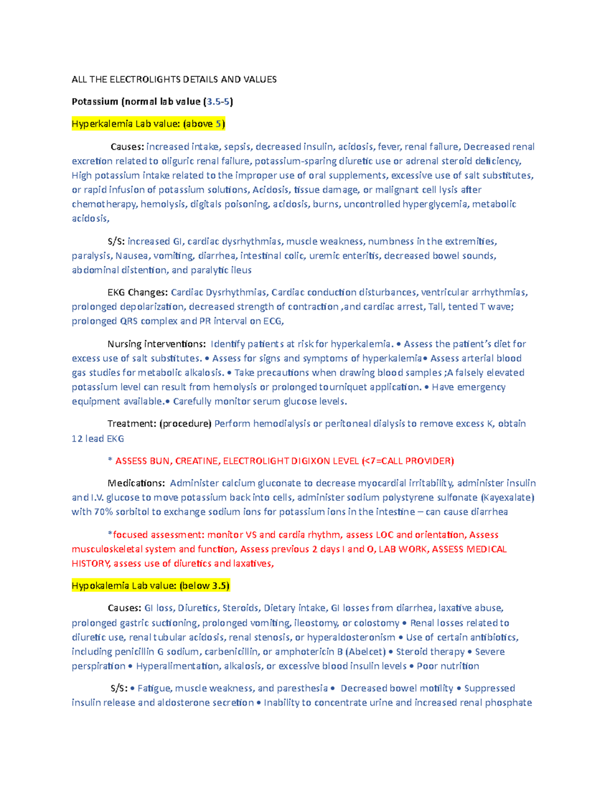 All Electrolytes Worksheet - ALL THE ELECTROLIGHTS DETAILS AND VALUES ...