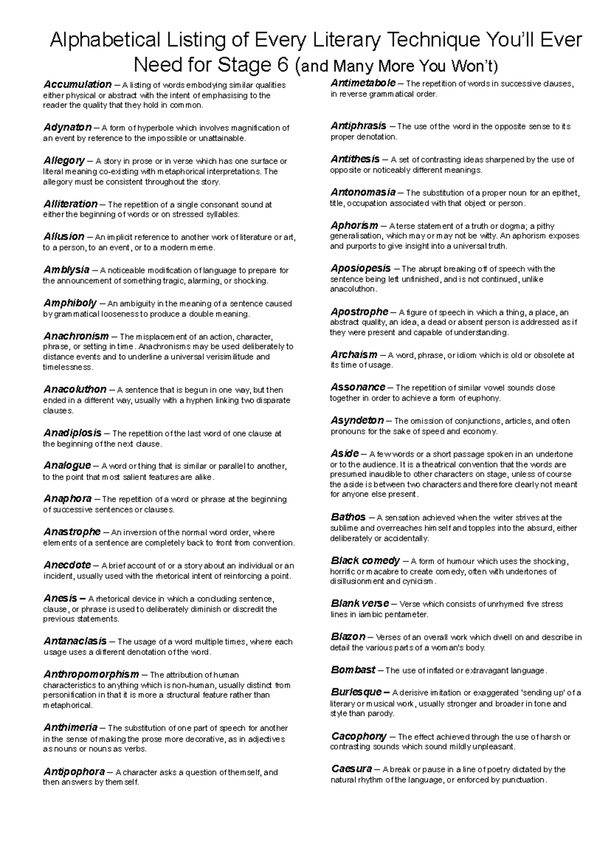 Comprehensive List of Literary Techniques for Stage 6 - Studocu