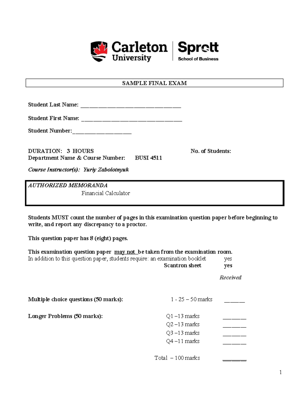 Practice Final Exam for BUSI 4511: Financial Analysis Techniques - Studocu