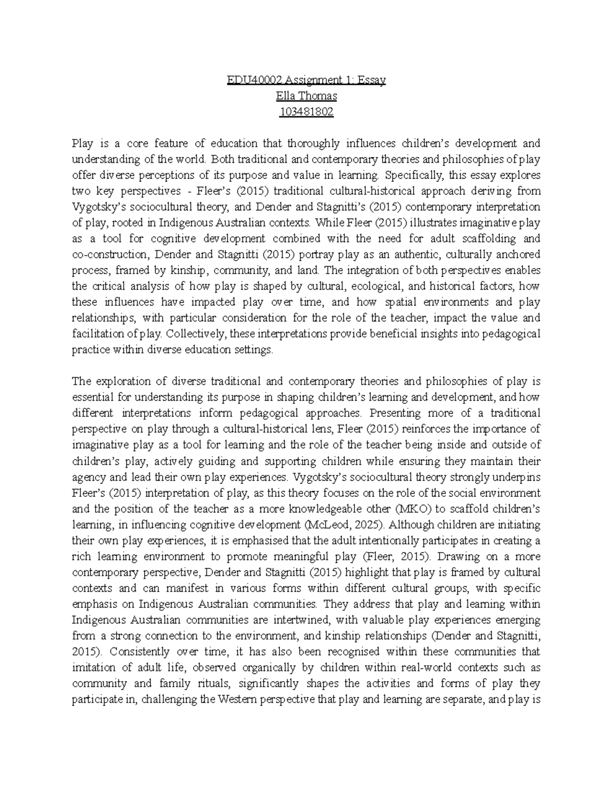 EDU40002 Assignment 1: Exploring Theories of Play in Education - Studocu