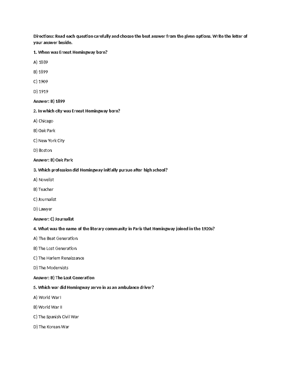 Ernest-Hemingway-Quiz - Directions: Read each question carefully and ...