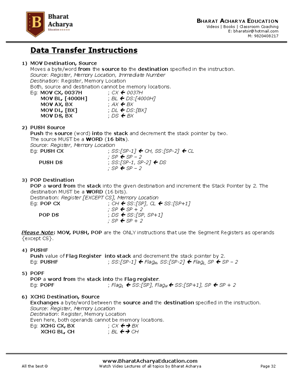 8086 MICROPROCESSOR Instruction Set Overview: MOV, PUSH, POP, XLAT ...