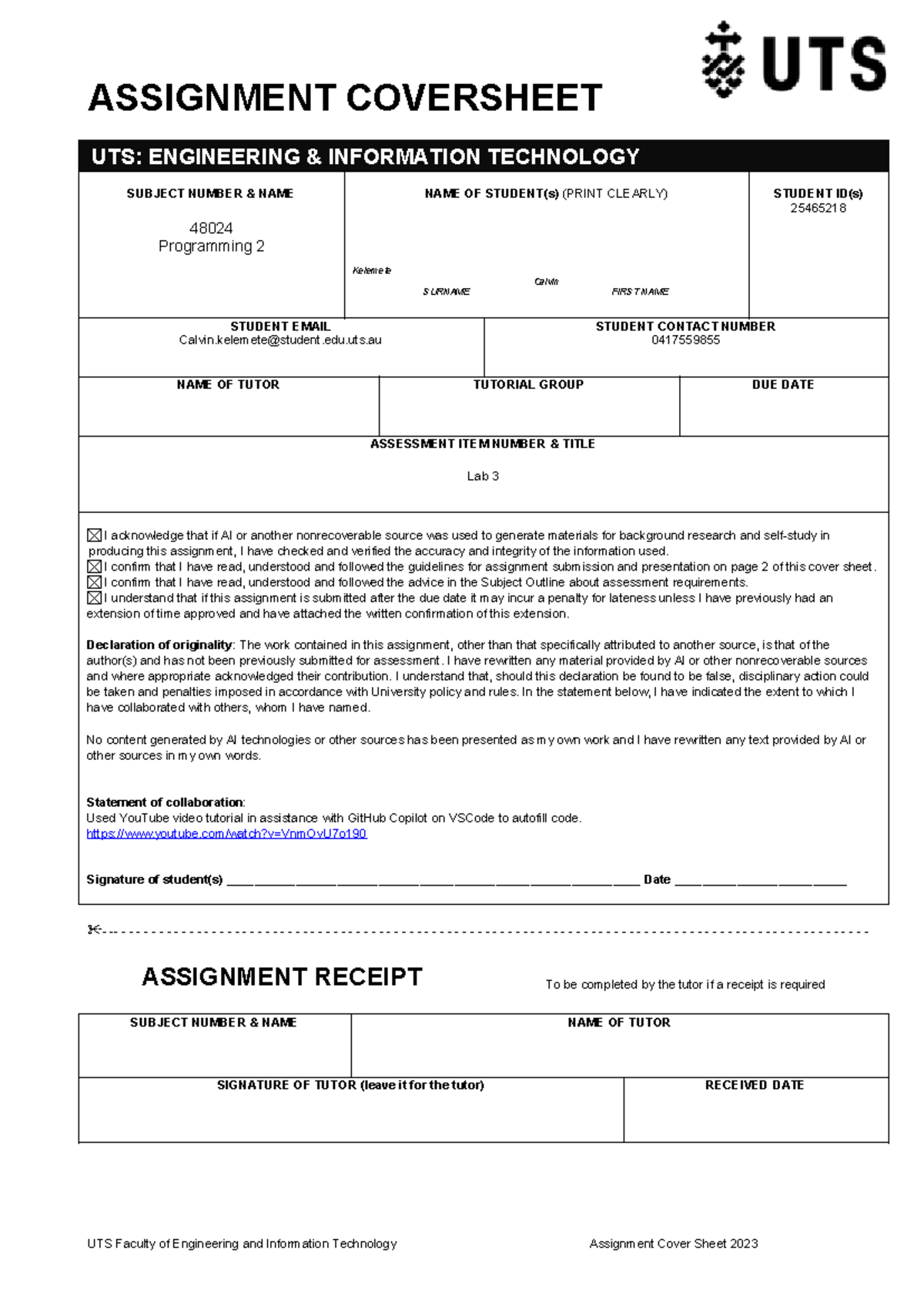 Programming 2 48024 Lab 3 Assignment Coversheet 2023 - Studocu