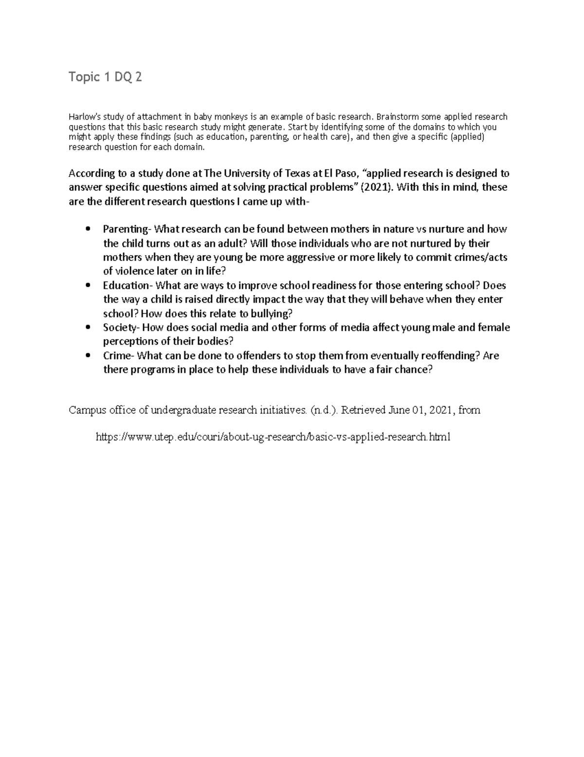 Applied Research Questions Derived from Harlow's Attachment Study - Studocu