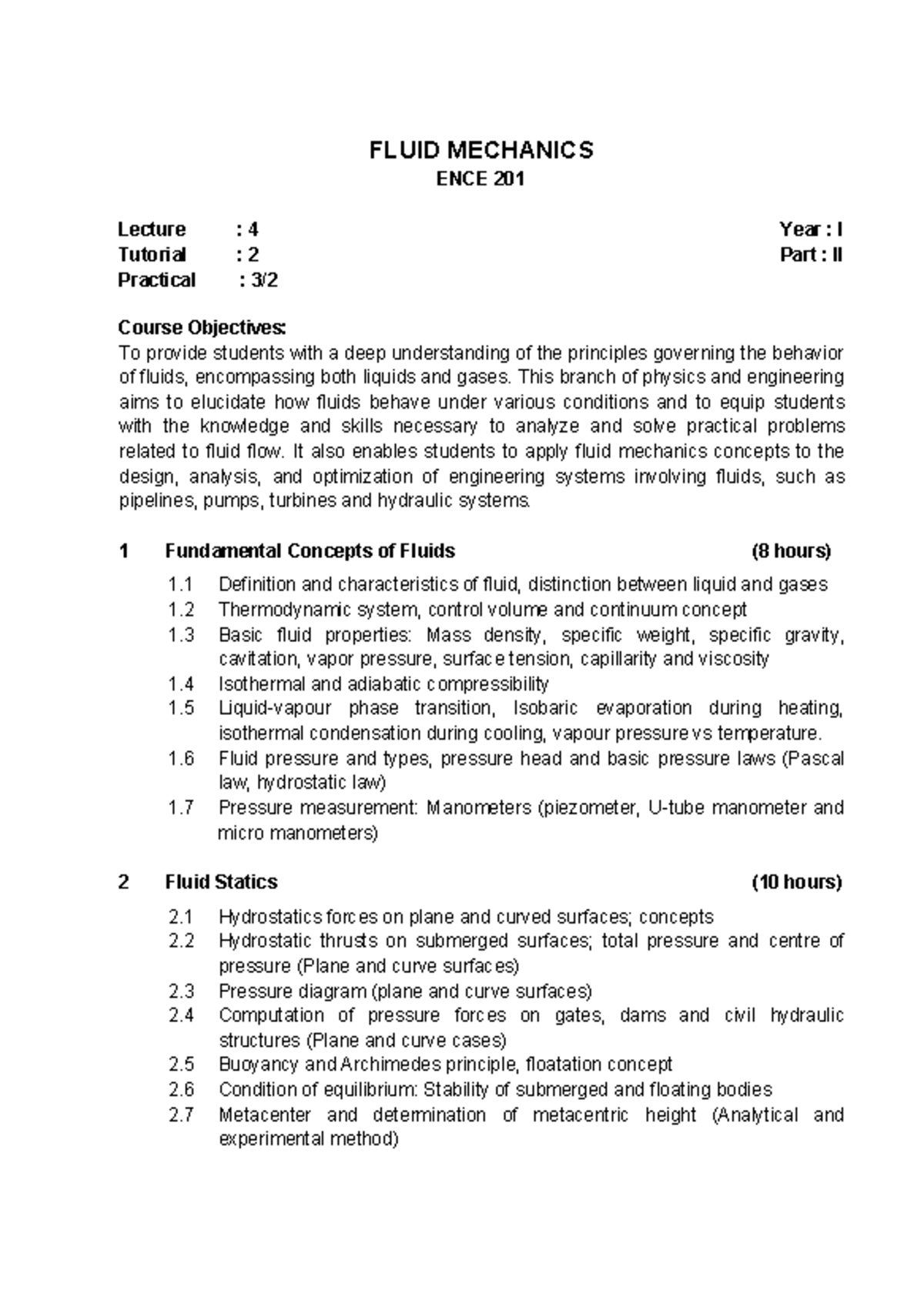 CE 201 Fluid Mechanics - Lecture & Tutorial Syllabus - Studocu