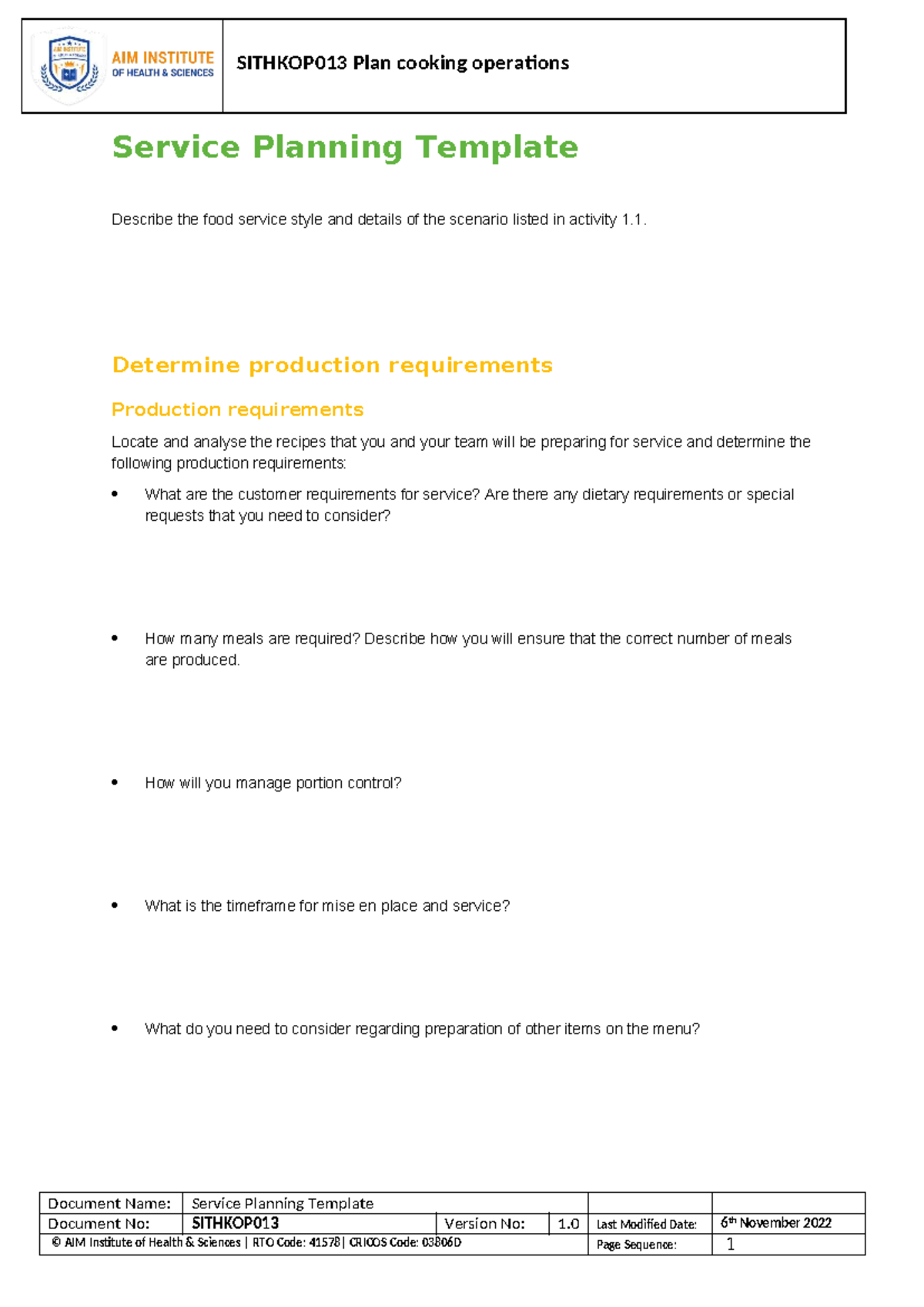 SITHKOP013 Service Planning Template for Cooking Operations - Studocu