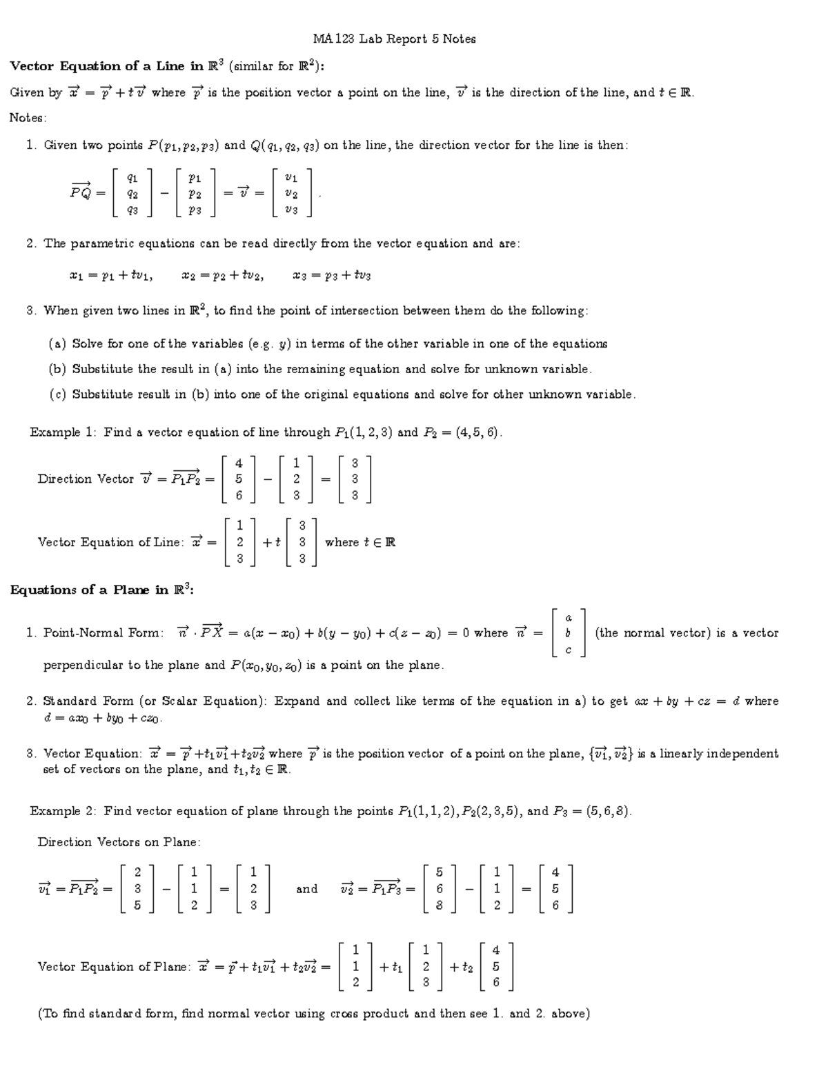 MA123 Lab Report 5: Vector Equations of Lines and Planes in R2/R3 - Studocu