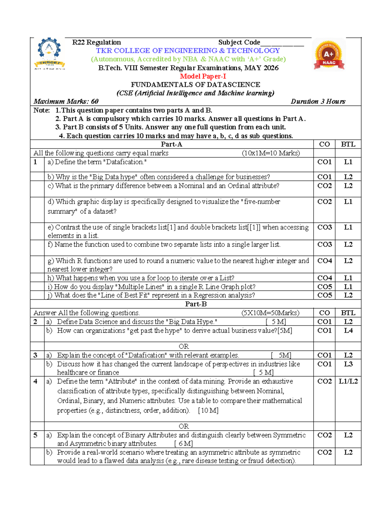 R22 Regulation Model Question Paper for Fundamentals of Data Science ...