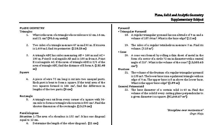 Supplementary Notes on Plane, Solid & Analytic Geometry (PLANE GEOMETRY ...