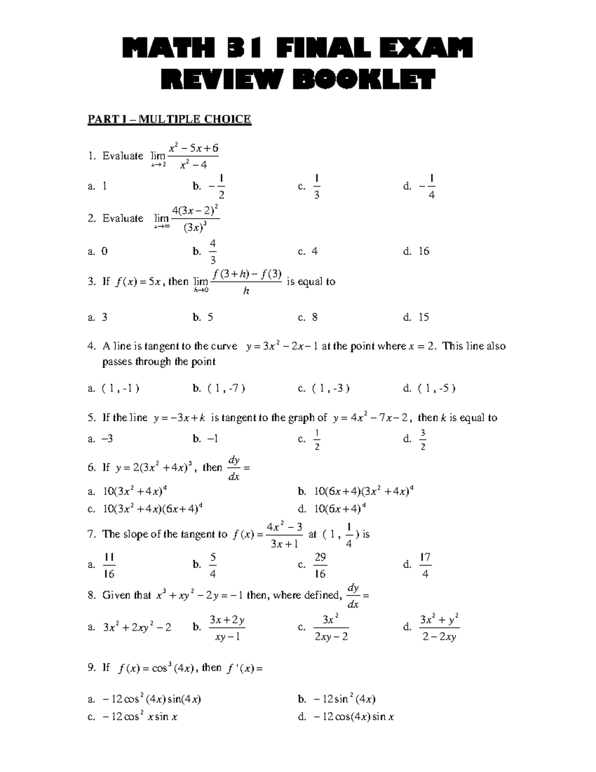 Final Exam Review Package 2 - MATH 31 FINAL EXAM REVIEW BOOKLET PART I ...