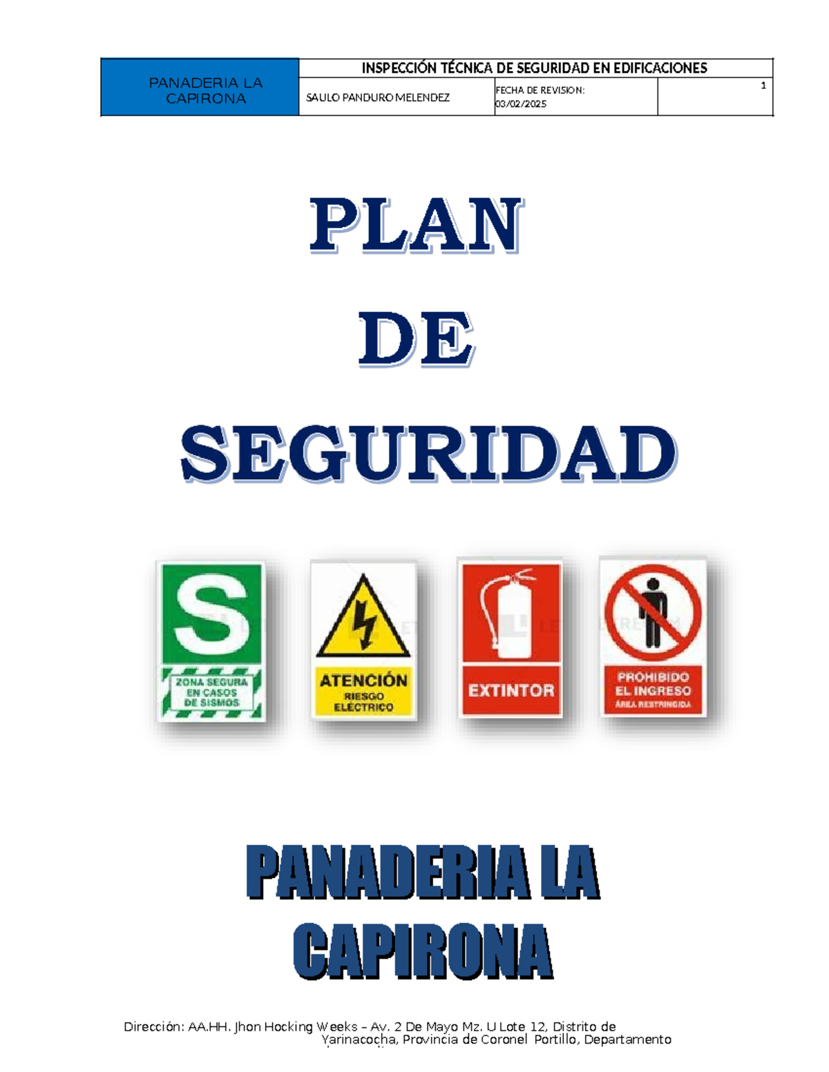 PLAN DE SEGURIDAD EN EDIFICACIONES - PANADERIA LA CAPIRONA - Studocu