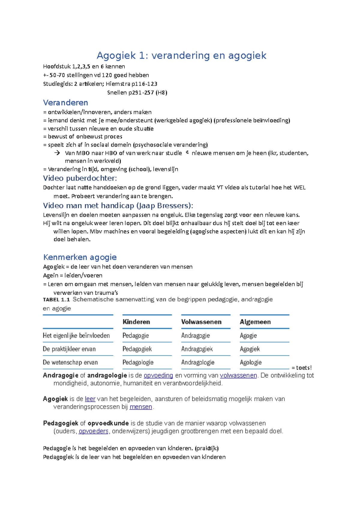 Agogiek 1 - College-aantekeningen Verandering en Agogisch Proces 1-6 ...