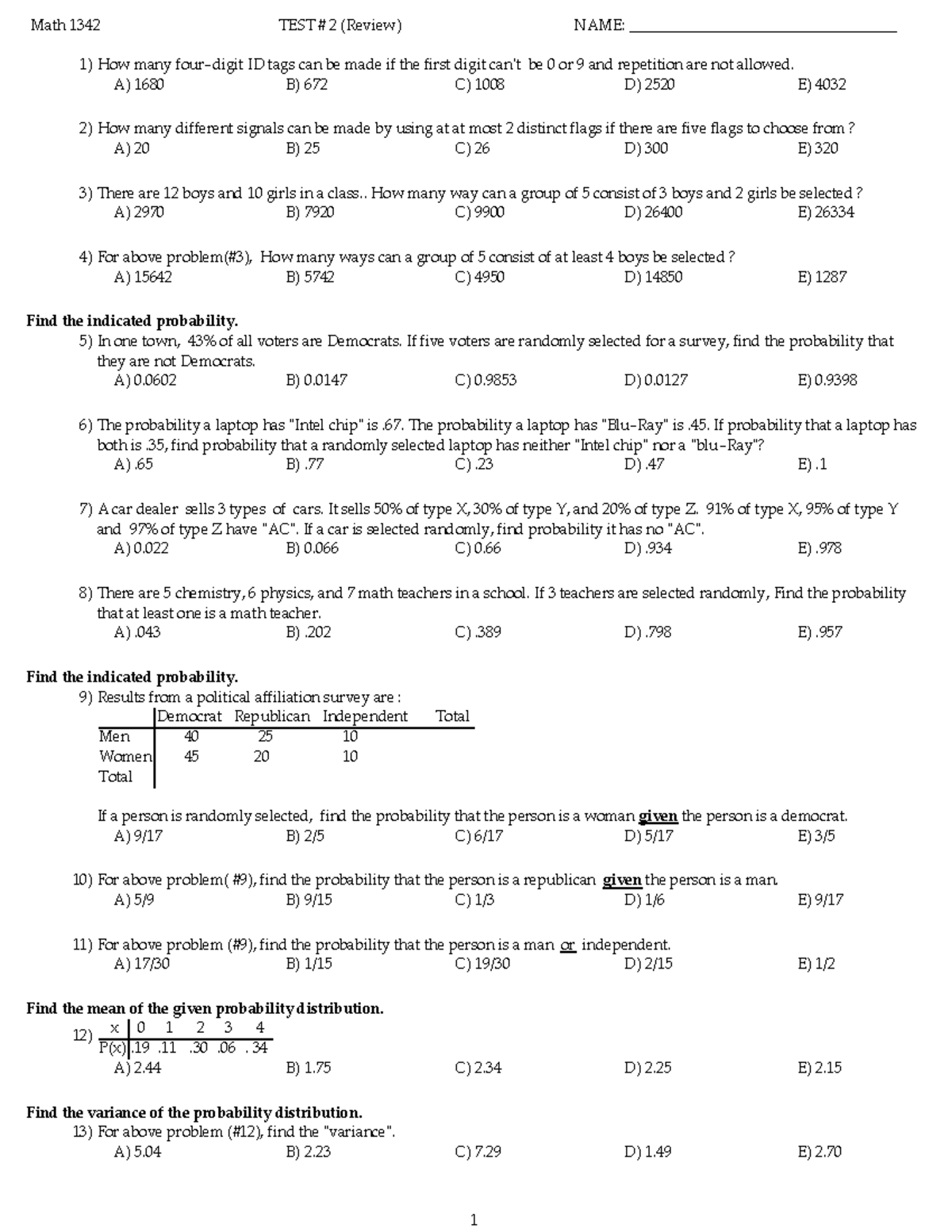 M1342 T2REW (updated) FALL24 - Math 1342 TEST # 2 (Review) NAME