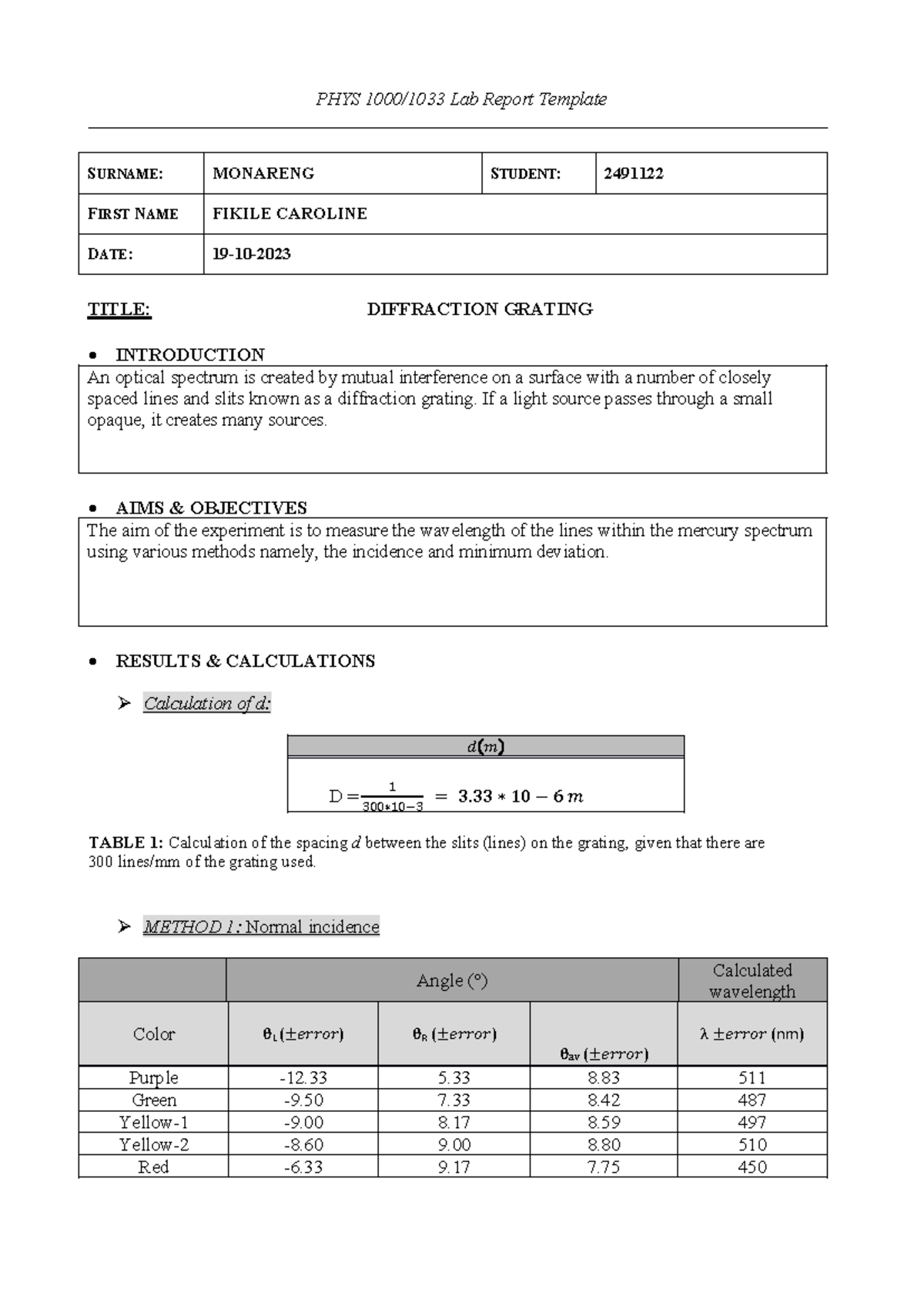2491122-PHYS 1000/1033 Lab Report - Diffraction Grating Experiment ...