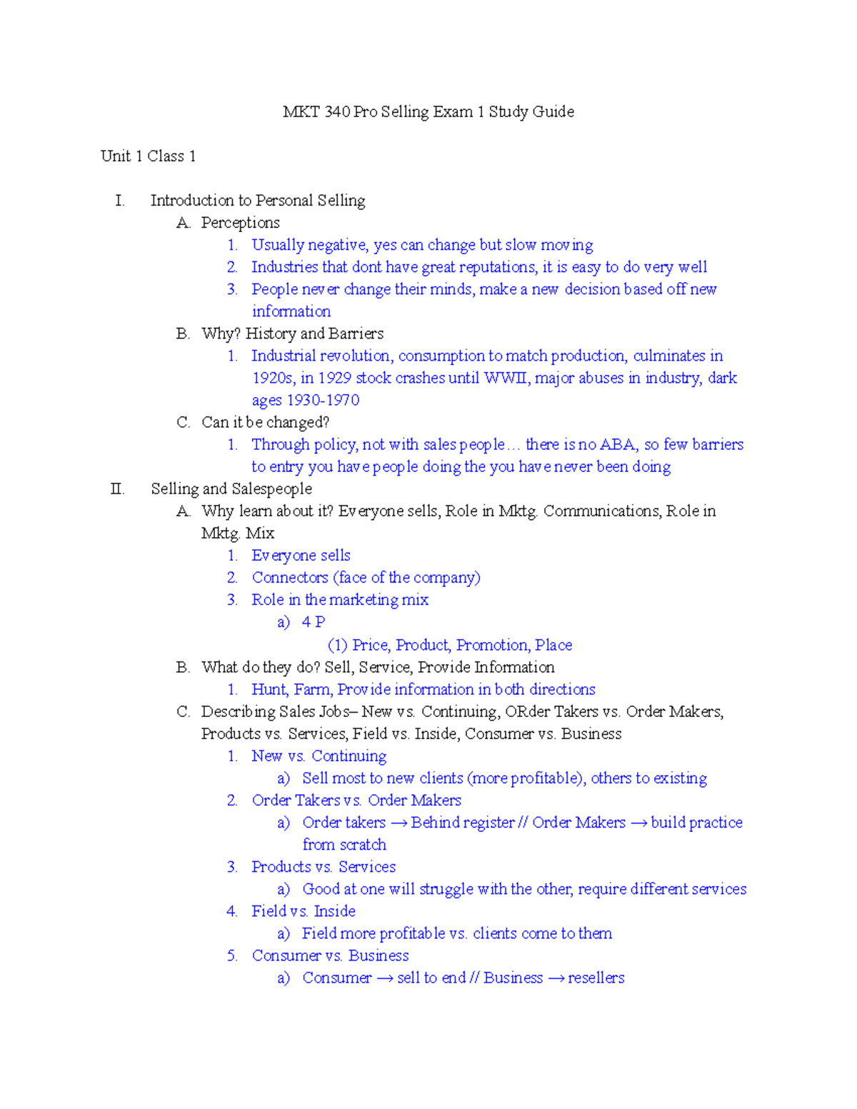 MKT 340 Pro Selling Exam 1 Study Guide Notes and Key Concepts - Studocu