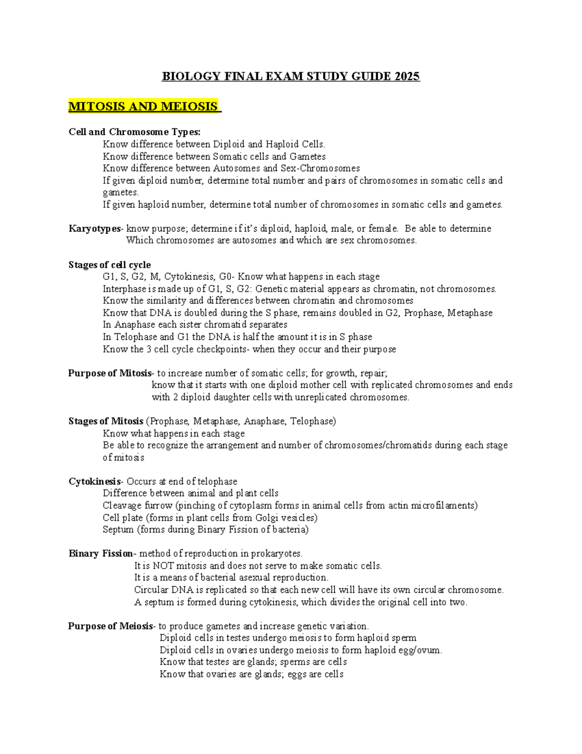 BIOLOGY 2025 FINAL EXAM STUDY GUIDE: MITOSIS, MEIOSIS & GENETICS - Studocu