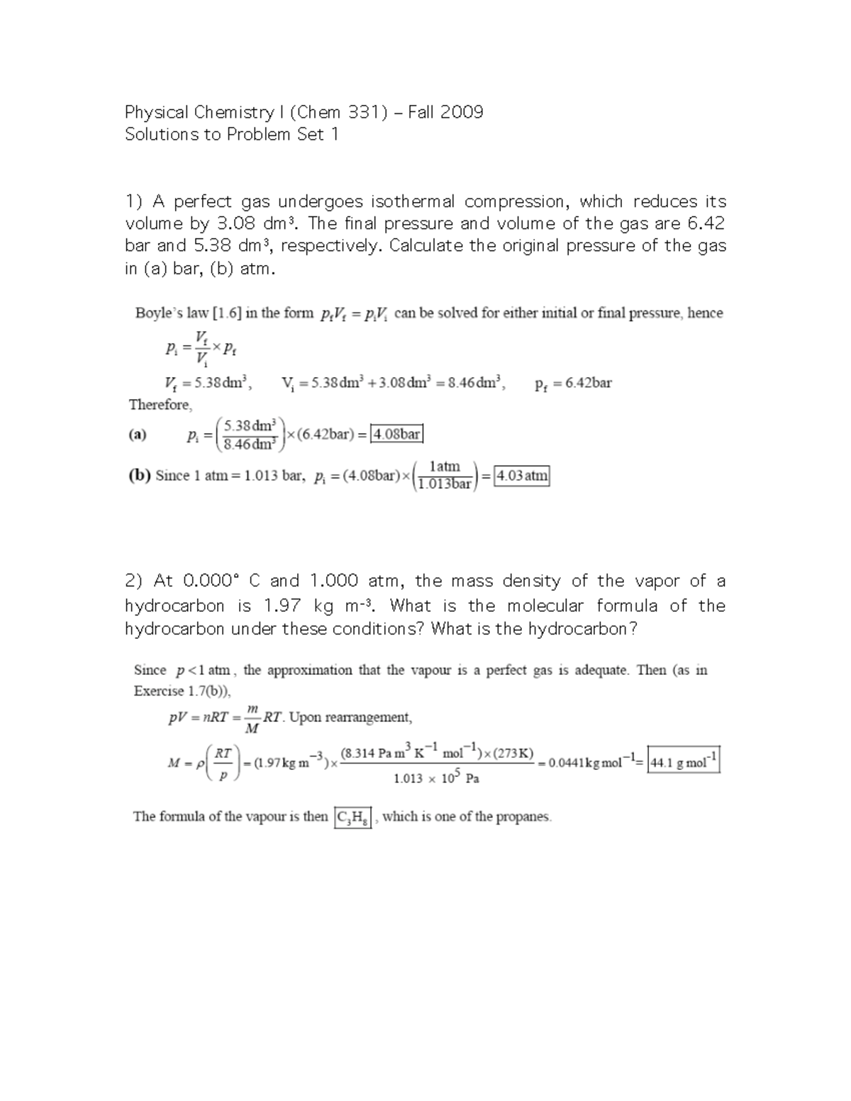 Chem 331: Problem Set 1 Solutions - Physical Chemistry I - Studocu