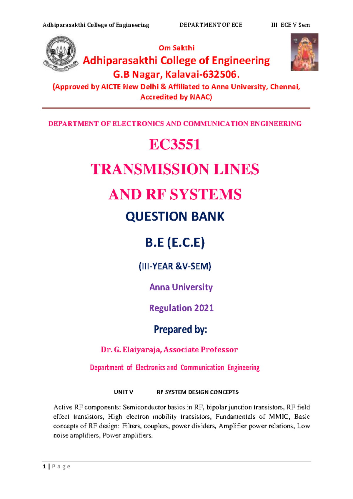 UNT-5 EC3551 Question Bank: Transmission Lines & RF Systems - Studocu