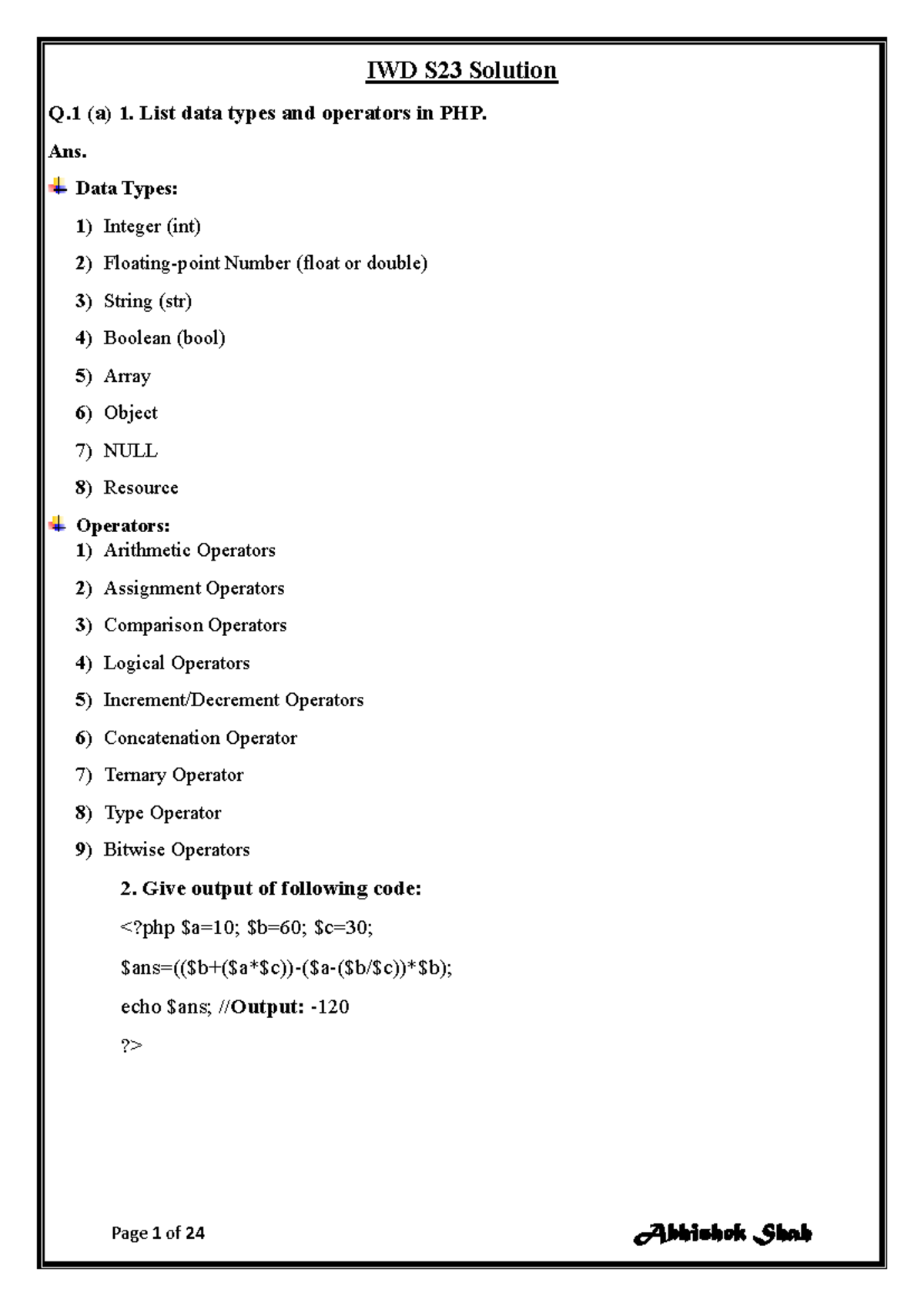 IWD S23 PHP Data Types & Operators Solutions for Assignment - Studocu