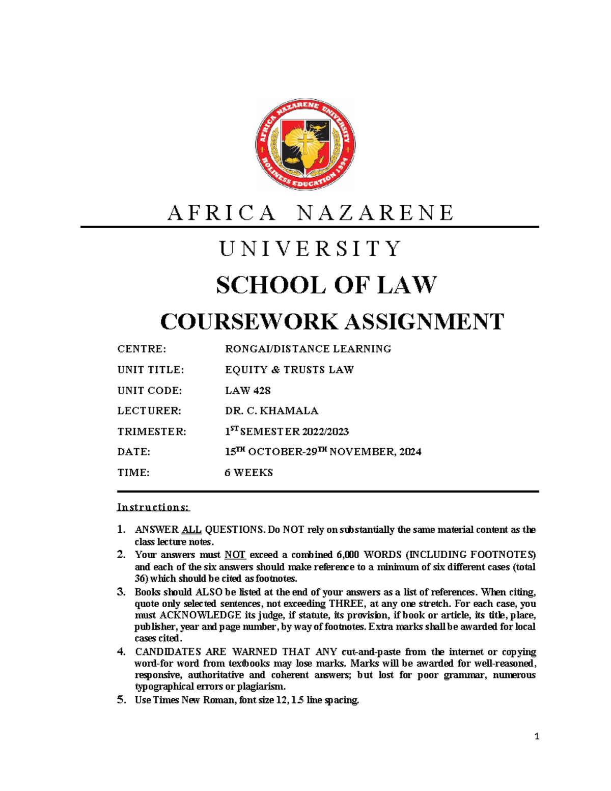 Equity Trusts Assignment - A F R I C A N A Z A R E N E U N I V E R S I ...