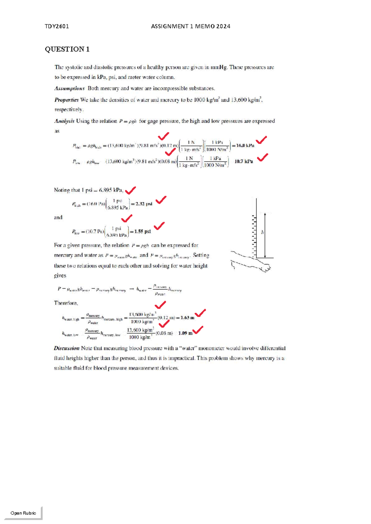 2024 TDY2601 Assignment 1 - Fluid Mechanics Solutions - Studocu