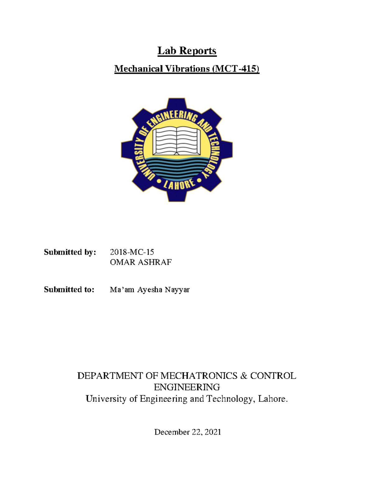Mechanical Vibrations Lab Report (MCT-415) - Detailed Analysis and Code ...