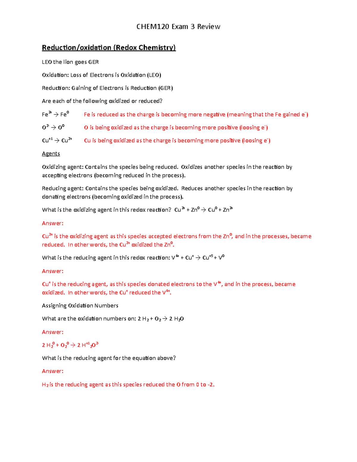 CHEM120 Exam 3 Study Guide on Redox, Organic Chemistry, & Decay - Studocu