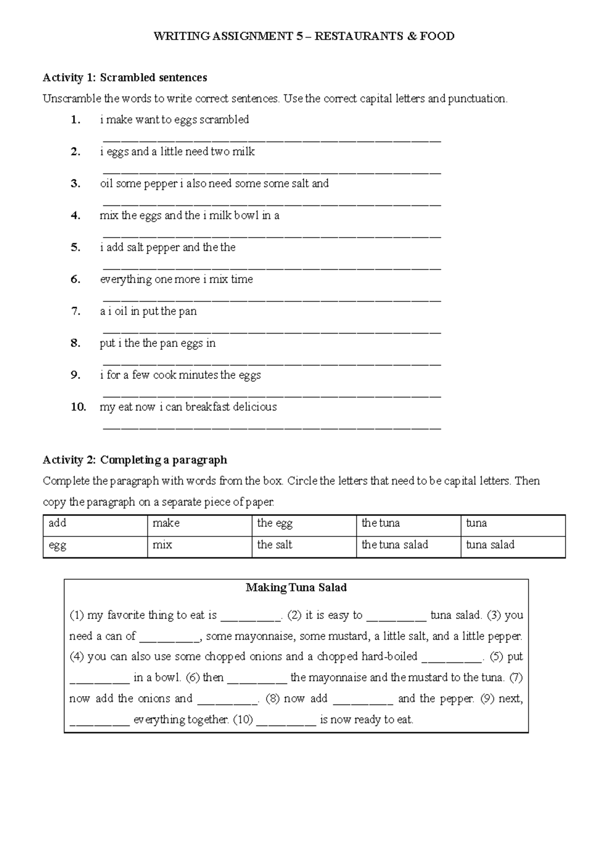 WRITING ASSIGNMENT 5: RESTAURANTS & FOOD Activities & Exercises - Studocu