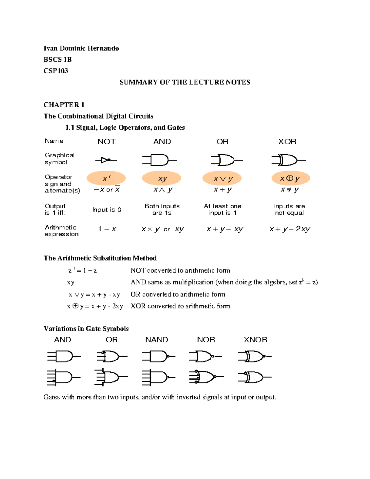 CSP103 Summary Notes: Combinational Digital Circuits - Chapter 1 - Studocu